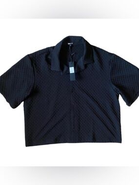 NOVAMEN Black Luxor Textured Cropped Button Up Short-Sleeve Shirt Size XL